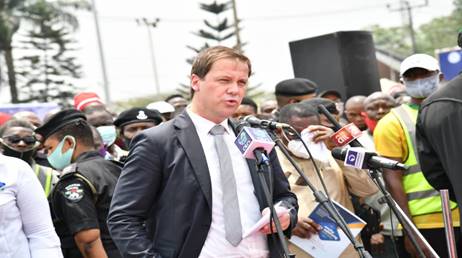 Managing Director of Julius Berger Nigeria Plc, Engr. Dr. Lars Richter making his remarks at the Commissioning of the Okoro-Nu-Odo Flyover in Port Harcourt City Rivers State recently